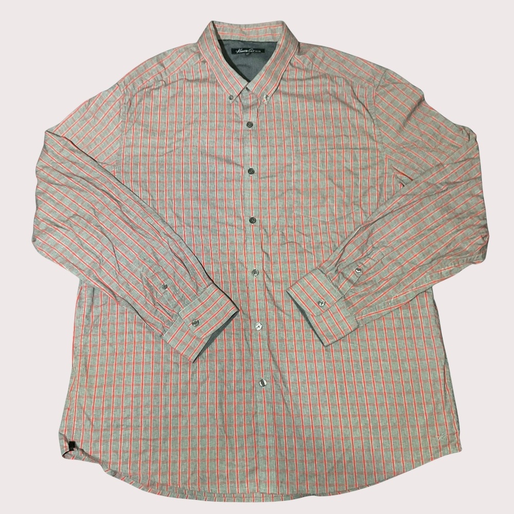 Kenneth Cole New York Button Down Shirt Mens XXL Grey With Red Plaid Long sleeve